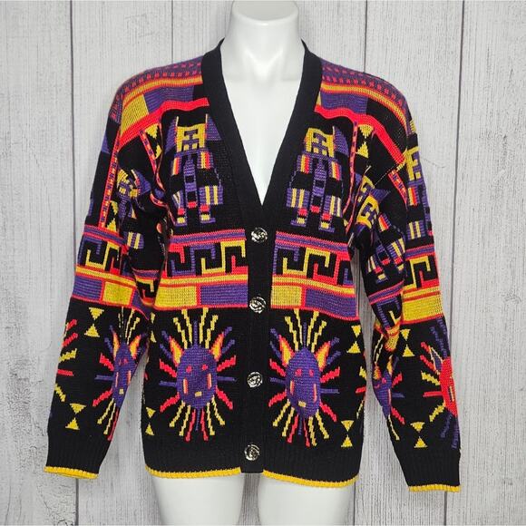 Vintage 80s Bright Tribal Geometric Sun Cardigan Sweater, size S/M - Picture 1 of 6